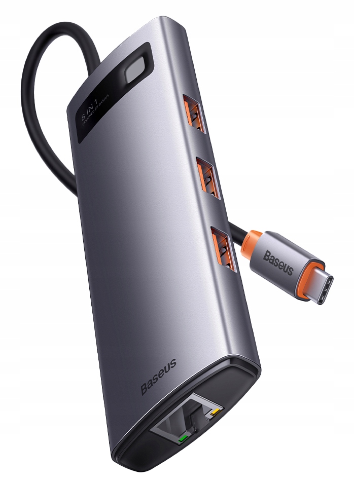 BASEUS ADAPTER HUB USB-C 8 PORTÓW, 3x USB3.1, HDMI, RJ45, SF, TF, PD 100W