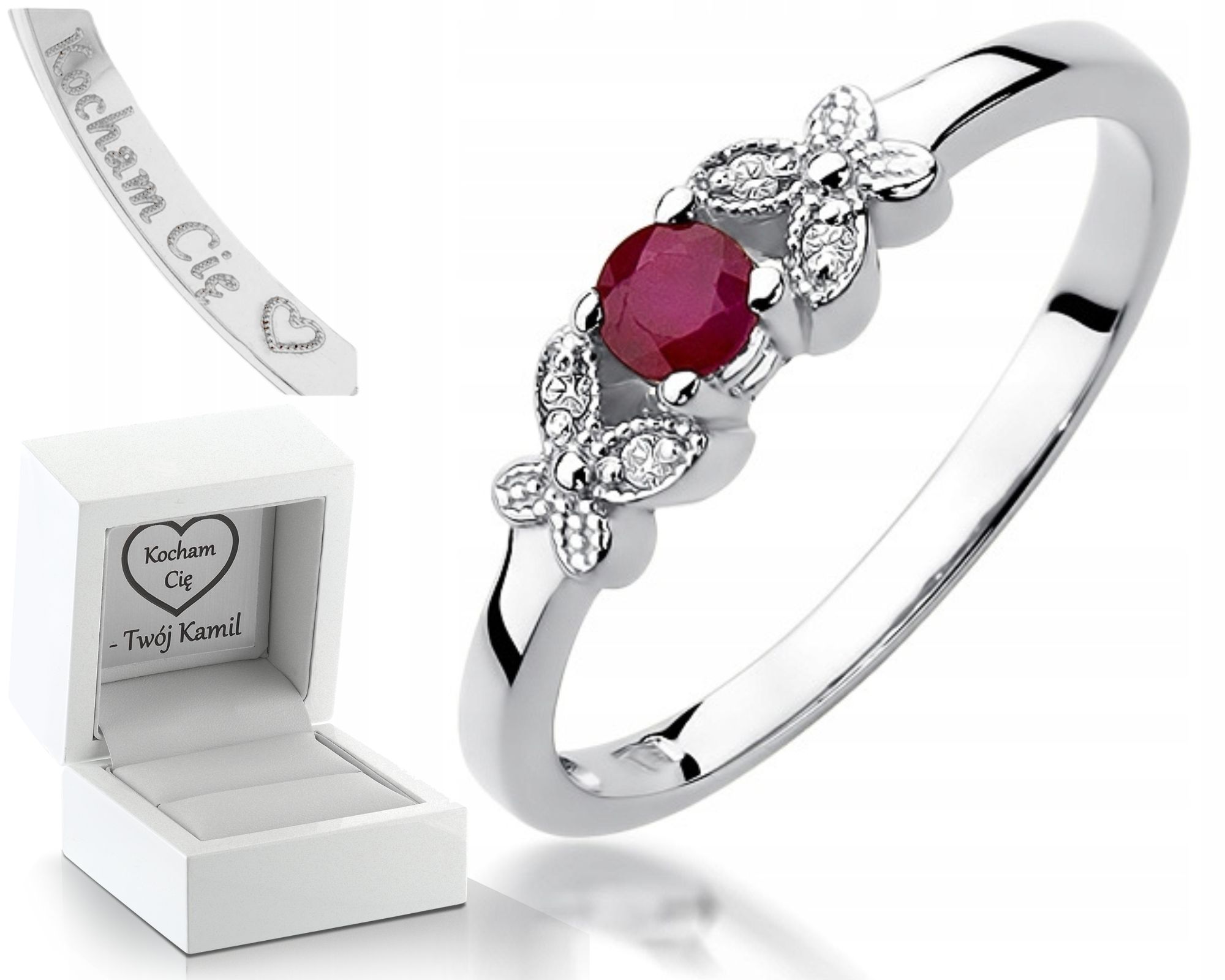 Prstýnek S Rubínem Bílé Zlato Gravírování Bonus