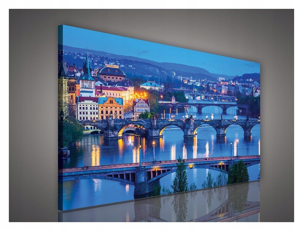 Obraz 100x75 Večerní město řeka mosty světla odraz Praha klid