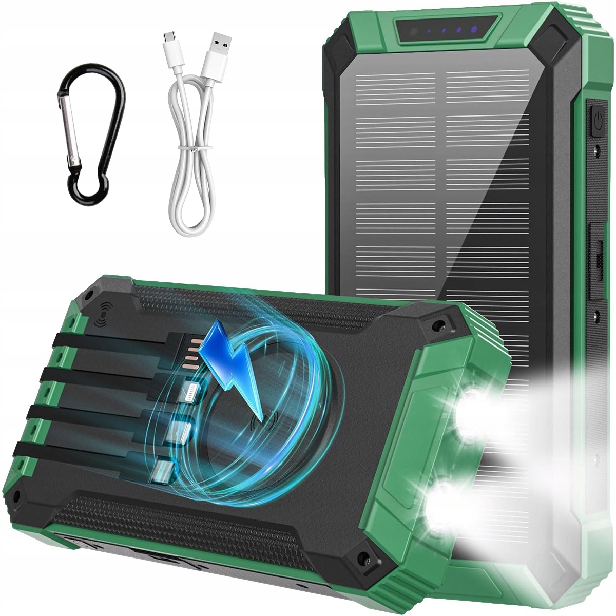 Solární Powerbanka S Nouzovým Osvětlením, 4 Výstupní Kabely 30000 Mah