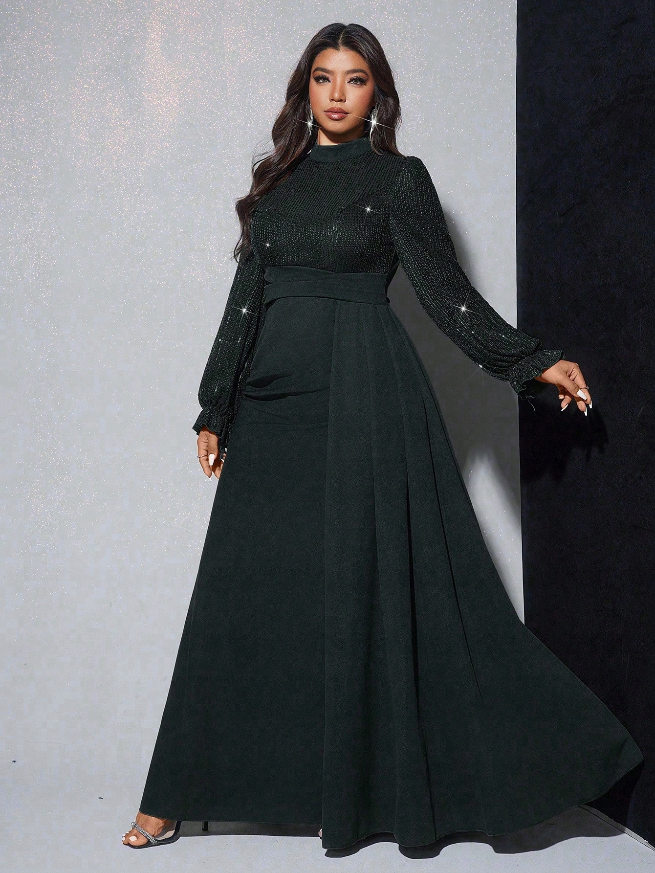 Shein Černá Elegantní Šaty S Flitrovými Rukávy 2XL 1M