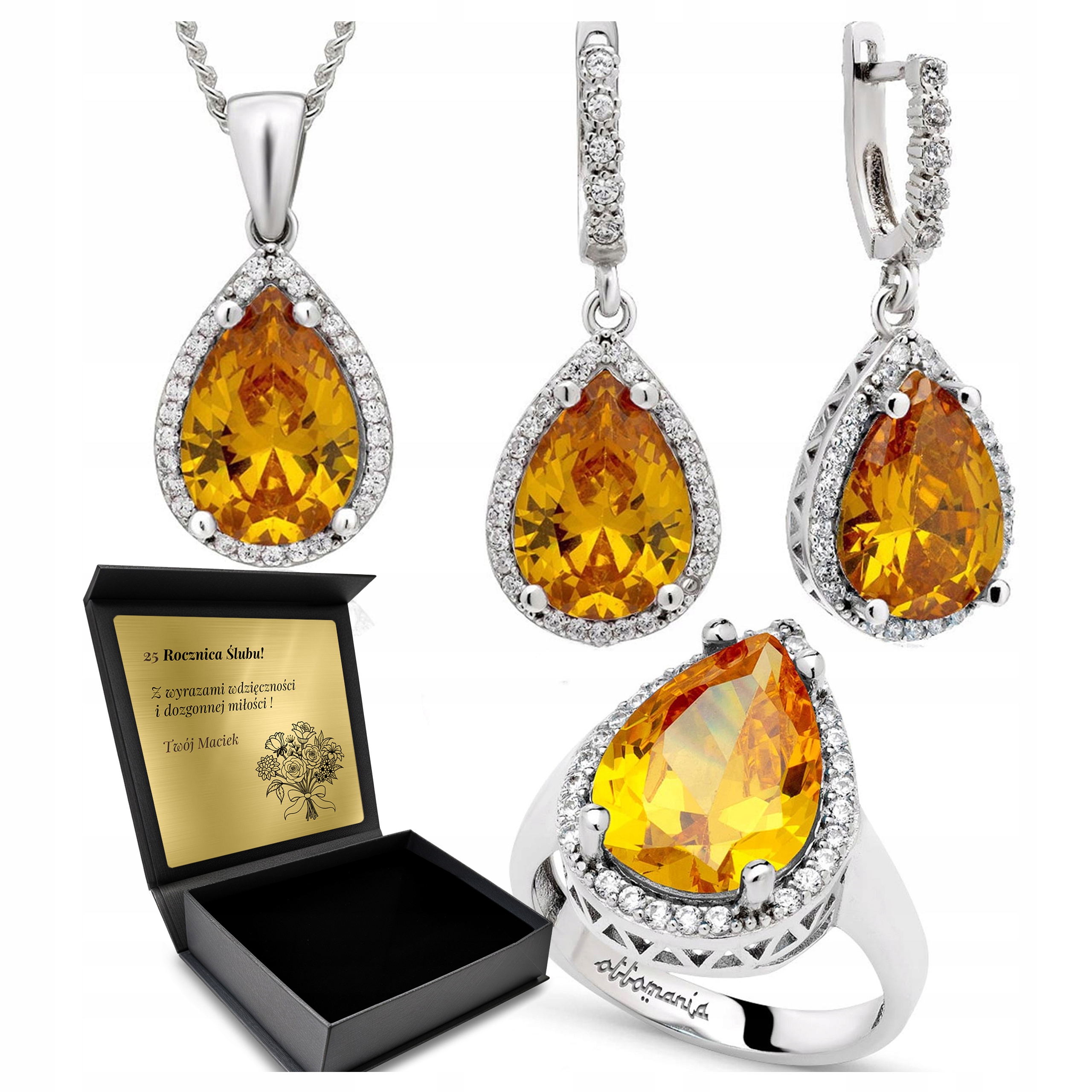 Komplet Stříbrných Šperků 925 Zirkony Citronů Dárek pro ženu Gravírování