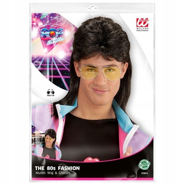 PERUKA CZARNA LATA 80 90 DISCO + OKULARY KAZIK DŁUGIE CZARNE WŁOSY PARTY Kod producenta 01853