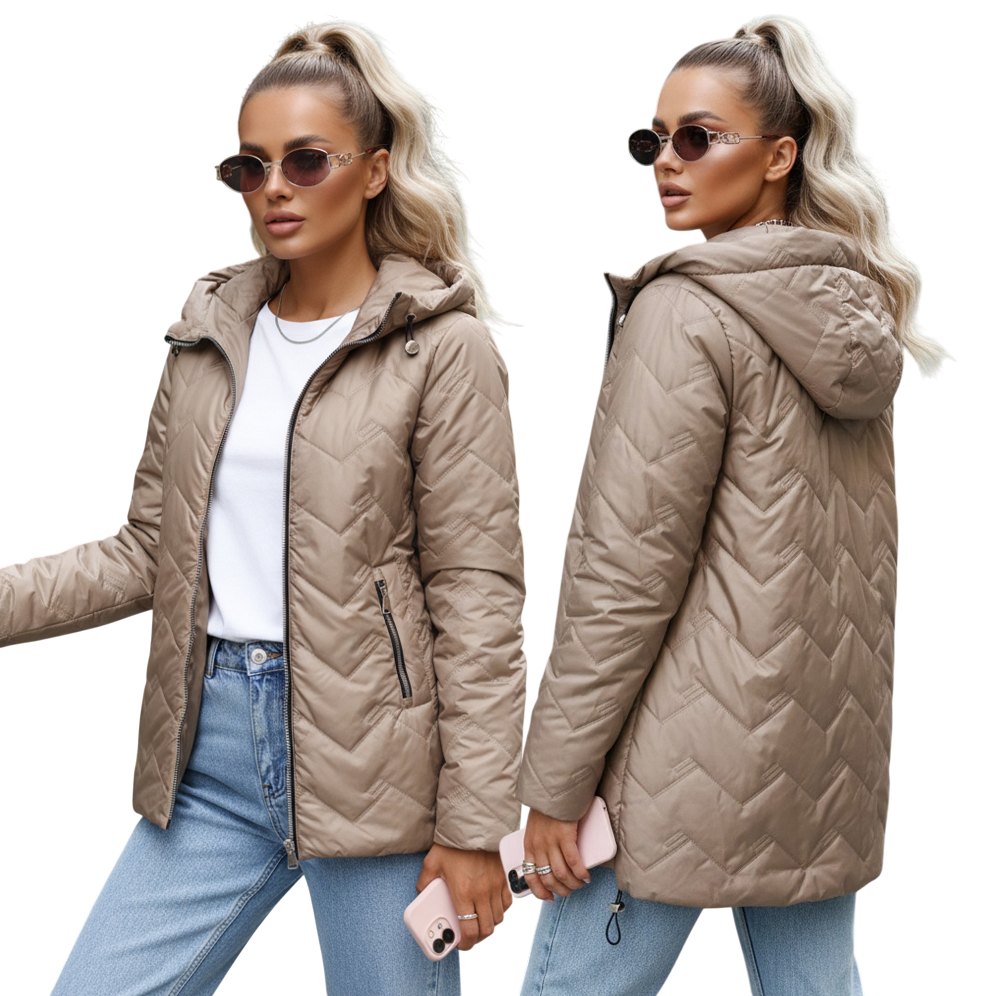 Kurtka damska przejściowa pikowana z kapturem beżowa TY5609 S