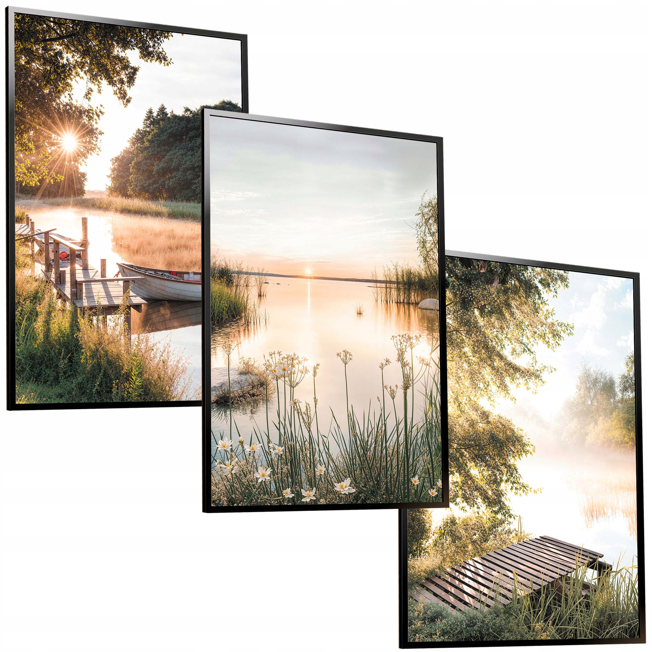 50x40 ZESTAW OBRAZY W RAMIE PLAKATY RAMKA JEZIORO ŁÓDKA TRAWA POMOST BOHO