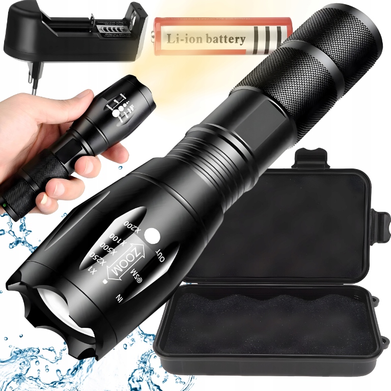 MOCNA LATARKA LED TAKTYCZNA WOJSKOWA WODOODPORNA ZOOM ZESTAW AKUMULATOR