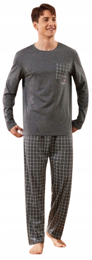 Šedé Pyžamo Dlouhé Kalhoty Mřížka Dlouhý Rukáv Velká Velikost 5XL