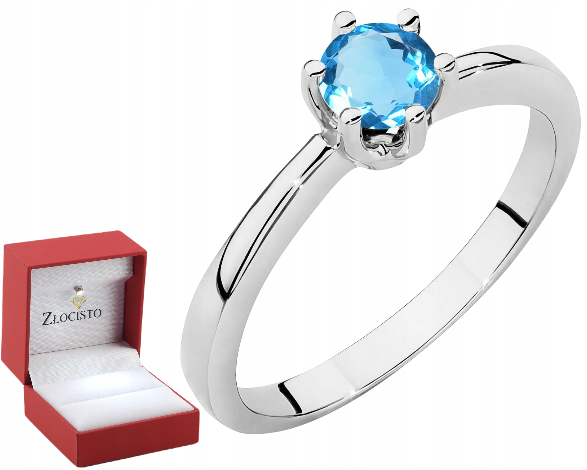Białe Złoto Pierścionek Topaz Swiss Blue 585