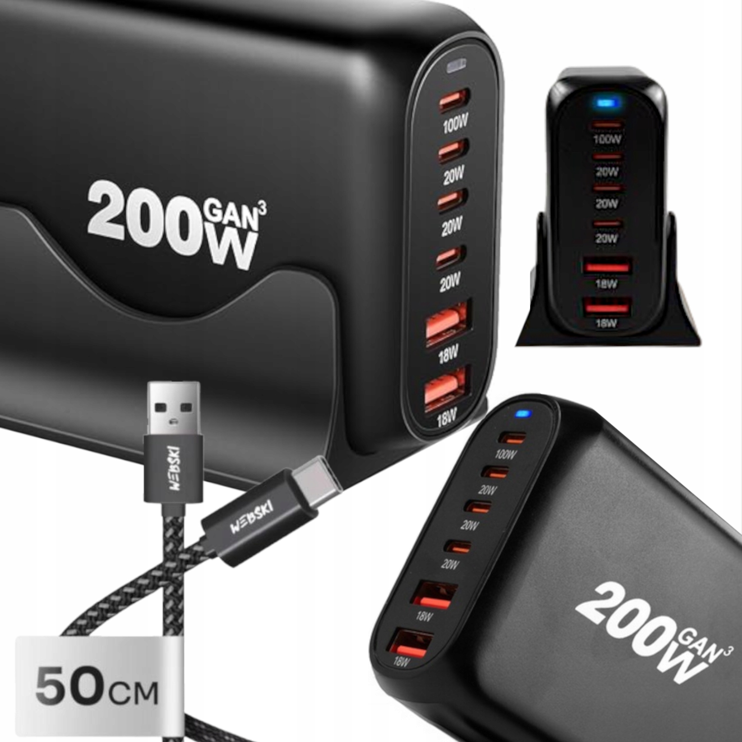 Síťová Nabíječka 200W GaN Qc 6xUSB Rychlá Výkonná Stolní Dokovací Stanice