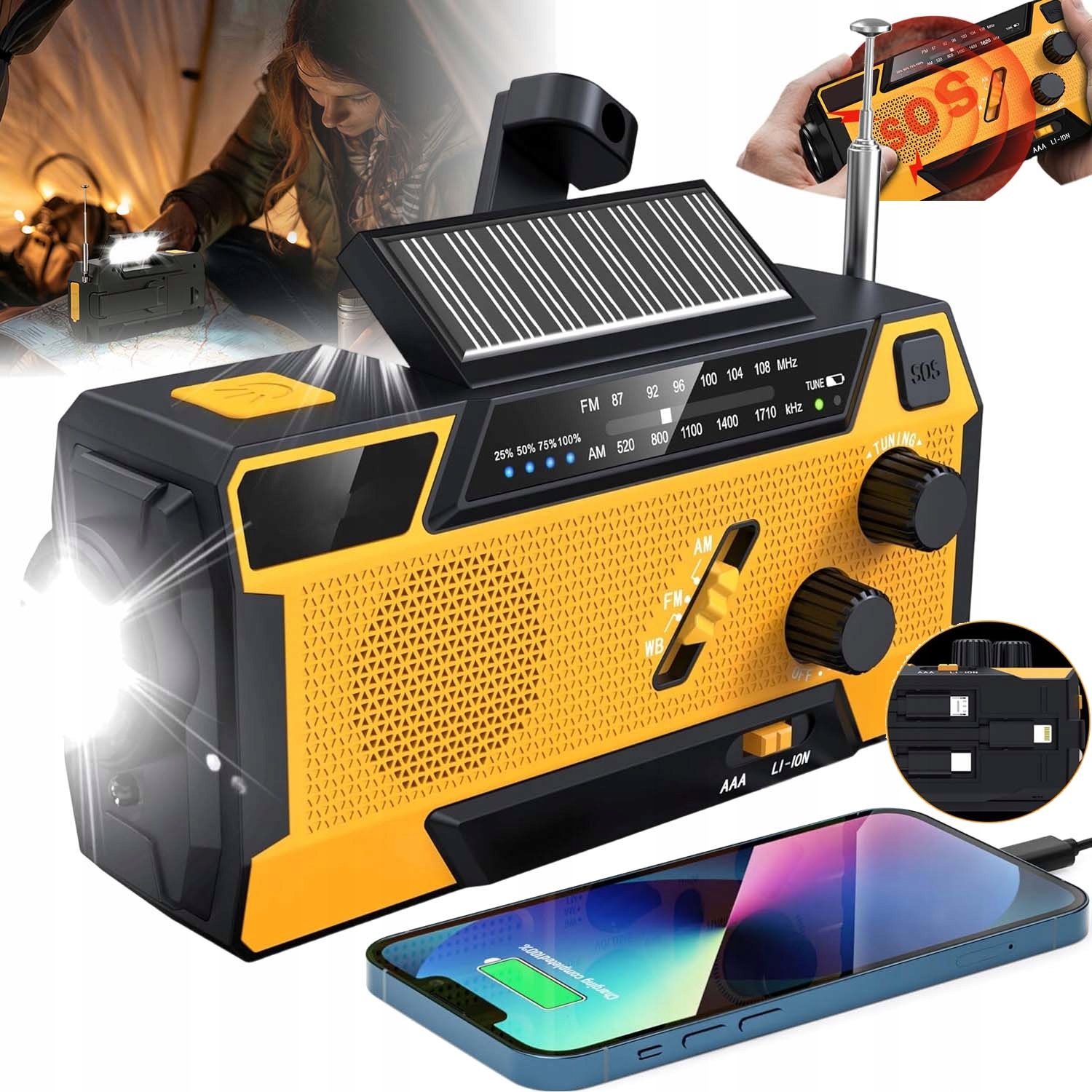 Solární Rádio Nouzové Přenosné Fm Am Omáčka Dynamo Svítilna Powerbanka 2000MAH