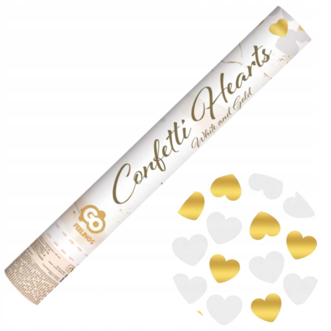 Tuba strzelająca KONFETTI złote białe błyszczące URODZINY serca serduszka