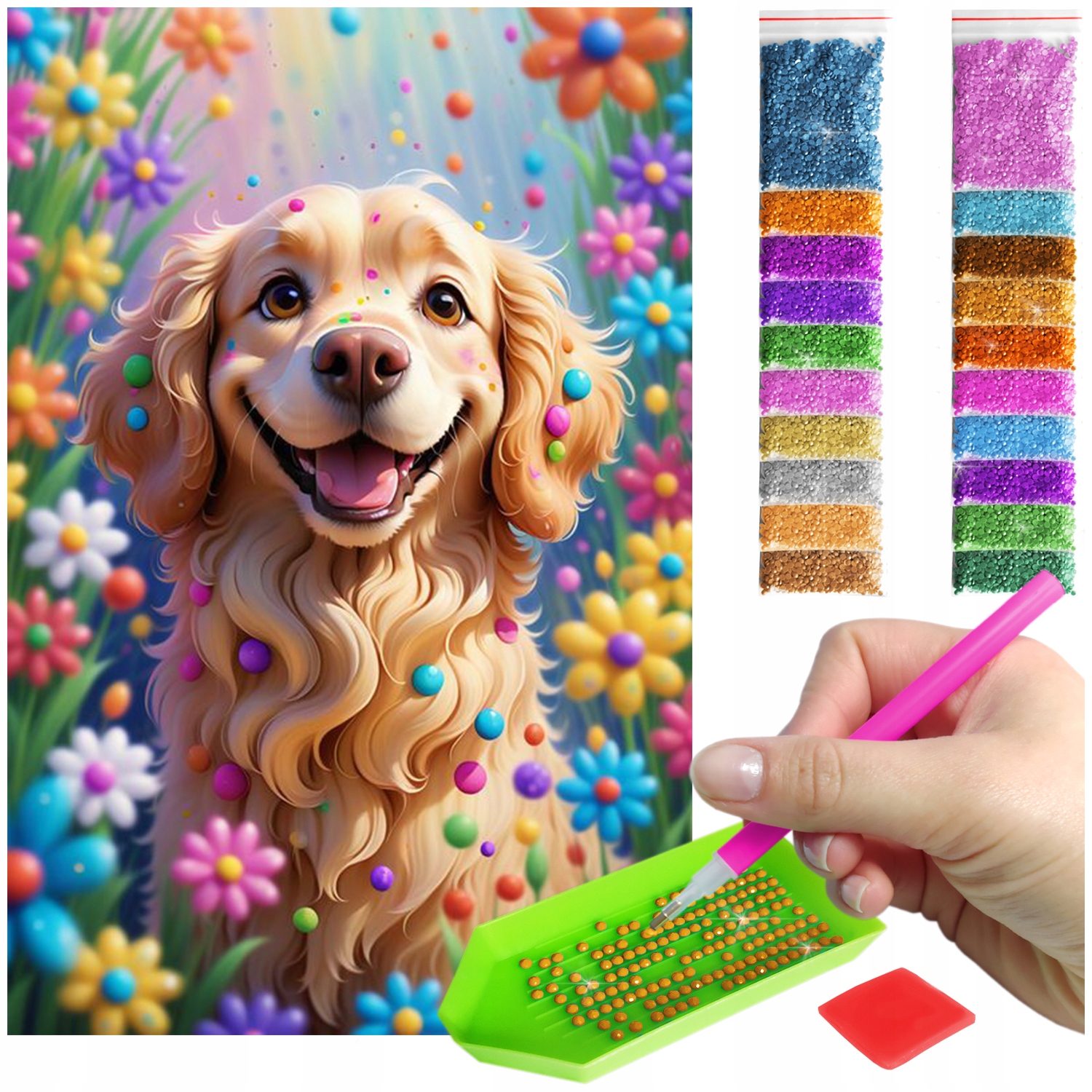 Výšivka Diamond Painting mozaika šťastný pejsek v květinách sada