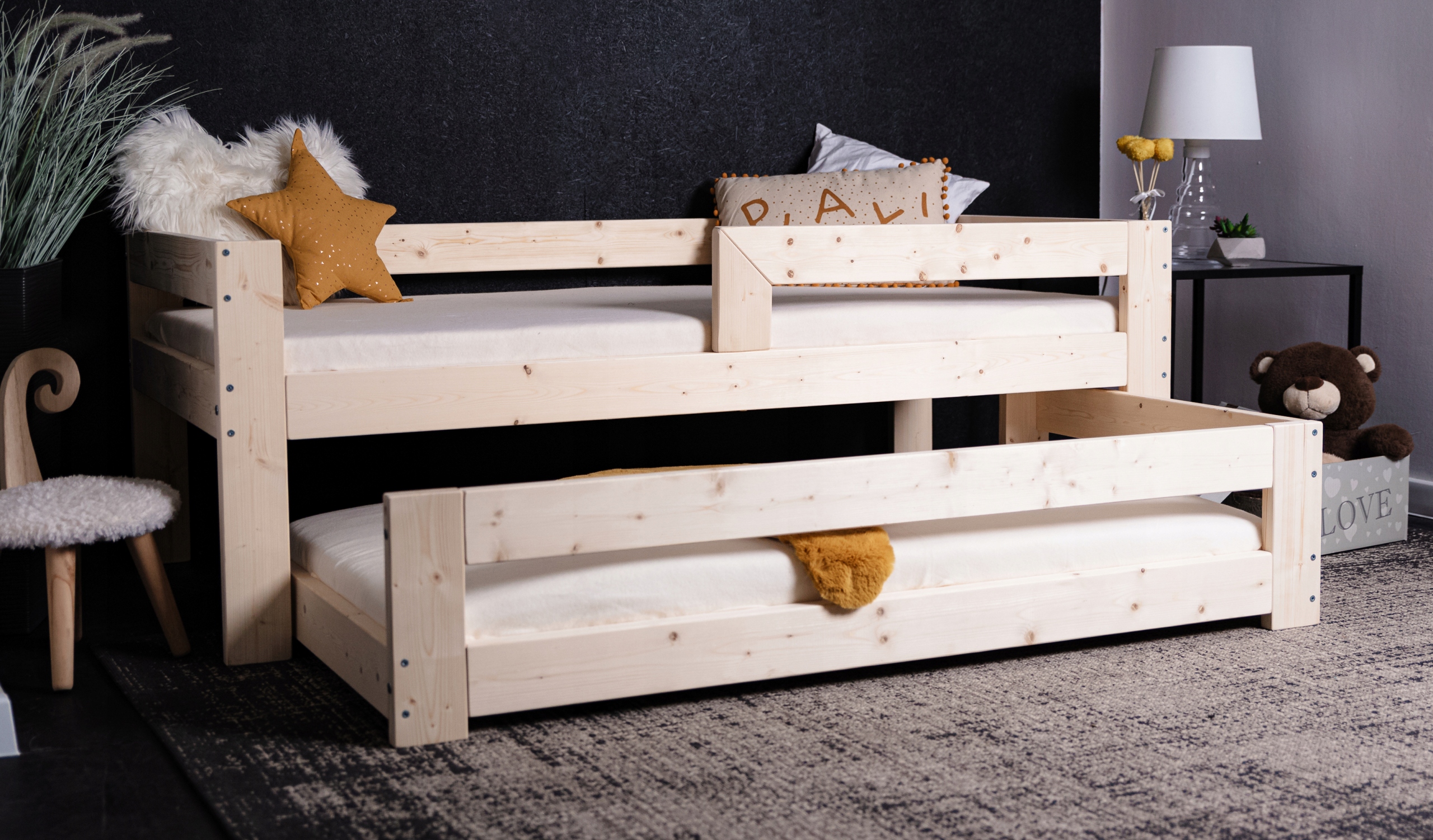 DZIECIĘCE ŁÓŻKO DWUOSOBOWE NISKIE 90X180 PIĘTROWE WYSUWANE PODWÓJNE