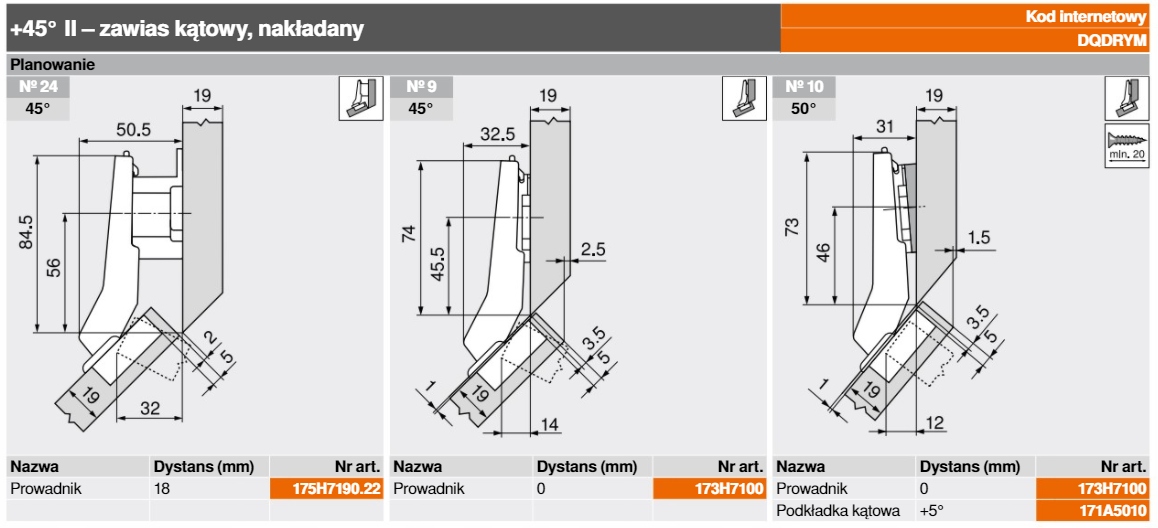 BLUM ZAWIAS CLIP +45° 79B3558 NAKŁADANY BLUMOTION Wysokość maksymalna 1 mm