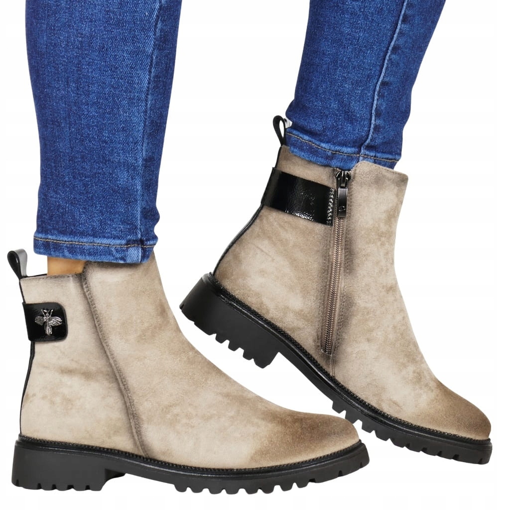 Dámské Kotníkové Boty S Plochou Podrážkou, Ozdobná Včelka Khaki, Semišové, Módní