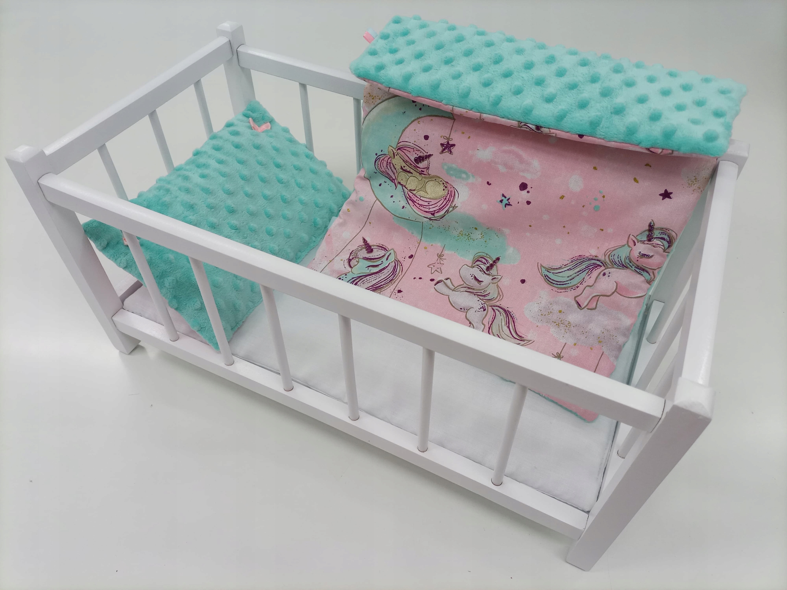 BIAŁE DREWNIANE ŁÓŻECZKO DLA LALEK + POŚCIEL 3EL