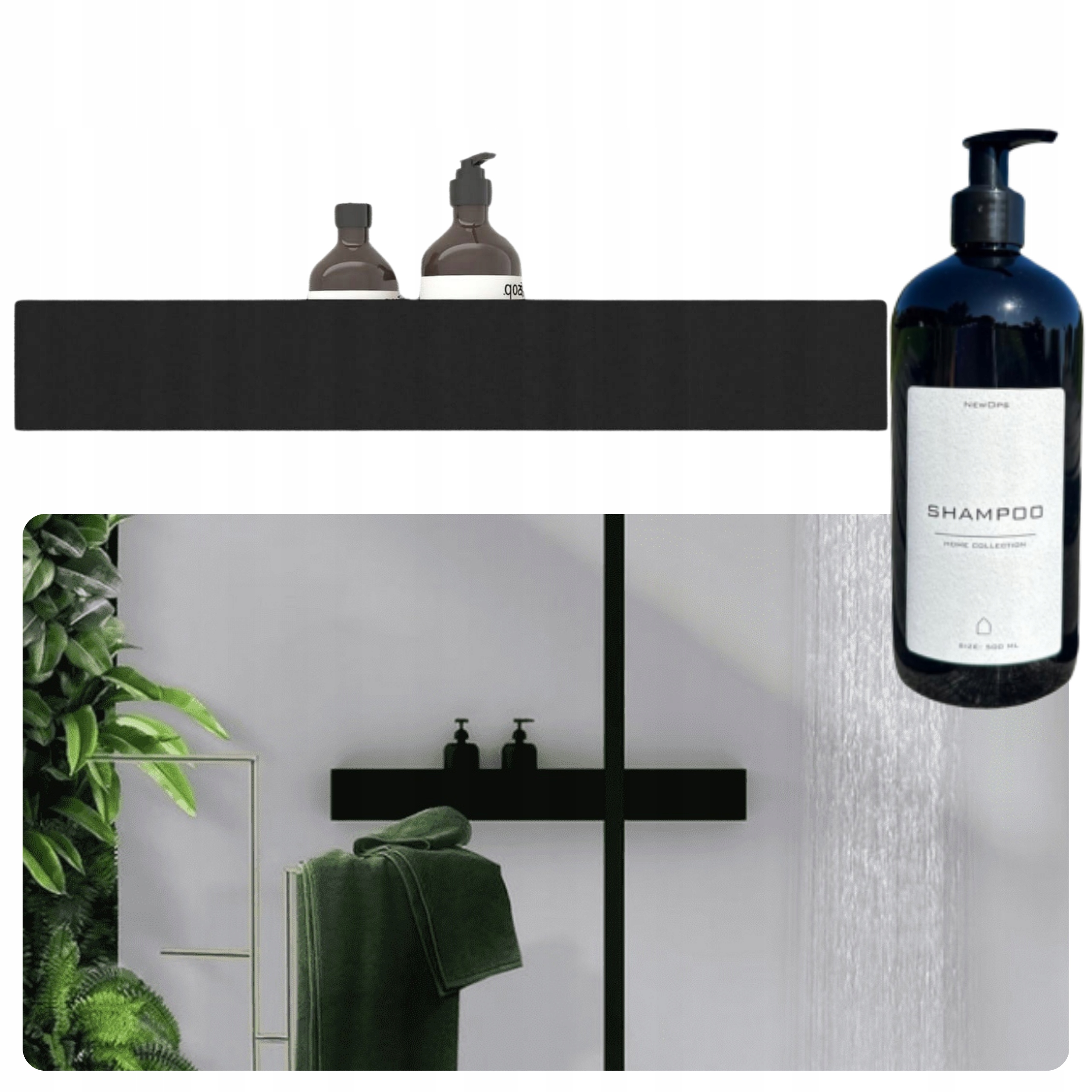 Veľká Závesná Sprchová Polica Do Kúpeľne Kovová Čierna 80 cm Dávkovač