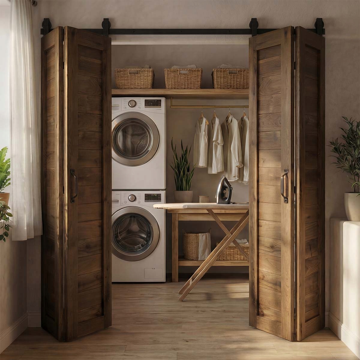 Posuvné skládací dubové dveře Horizon s vodítkem 200 cm, olej hnědý