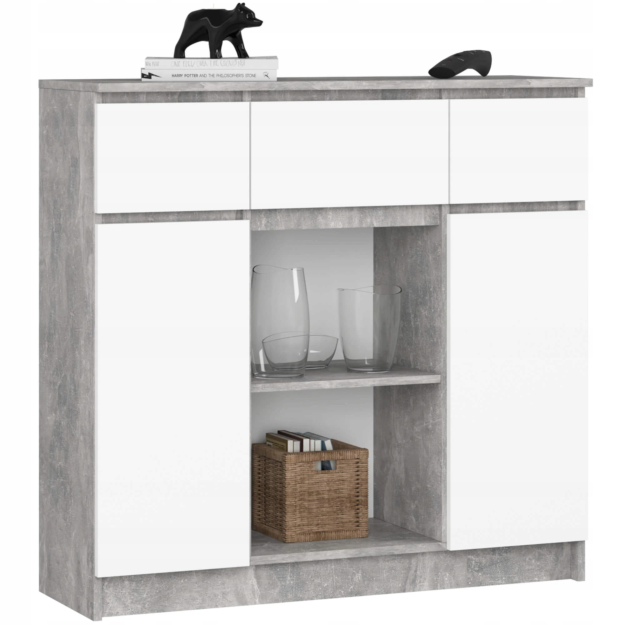 Komoda K100 101x98x35 Beton Bílý 3 Zásuvky 2Dvířka Klasická
