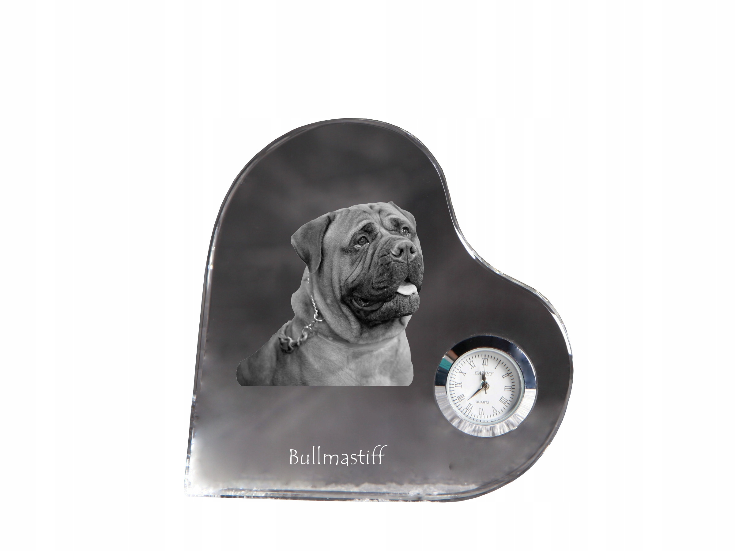 Bullmastiff krištáľový hodinový strojček v tvare srdca s vašou fotografiou