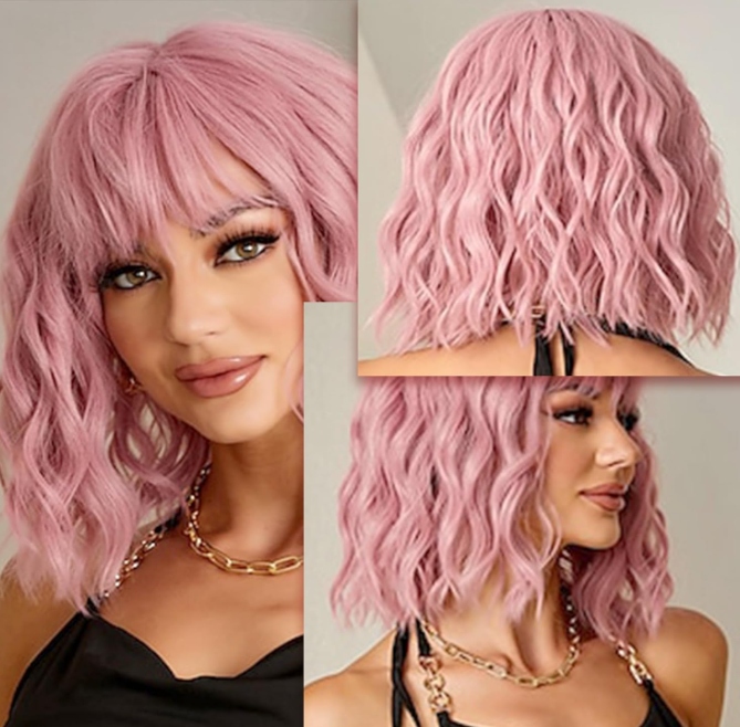 Paruka Bob s vlnitými vlasy, pastelově růžová, s ofinou, 45 cm