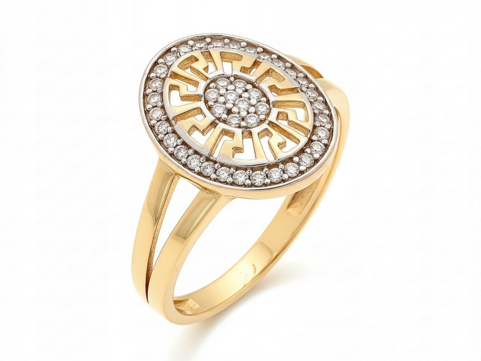 Prstýnek zlatý 585 Ažurový ovál s Řeckou cestou 21r bílé Zirkony 2,29g