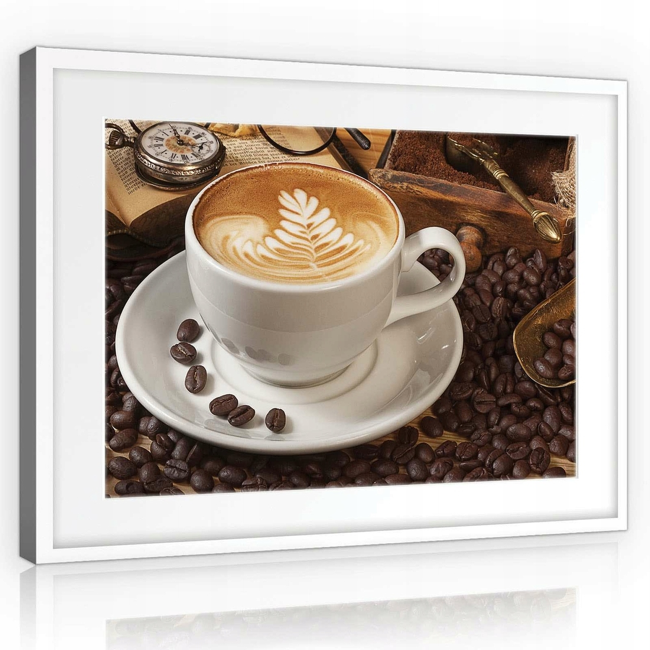 Obraz 80x60 Káva latte-art šálek zrnkové kávy hodiny kniha brýle
