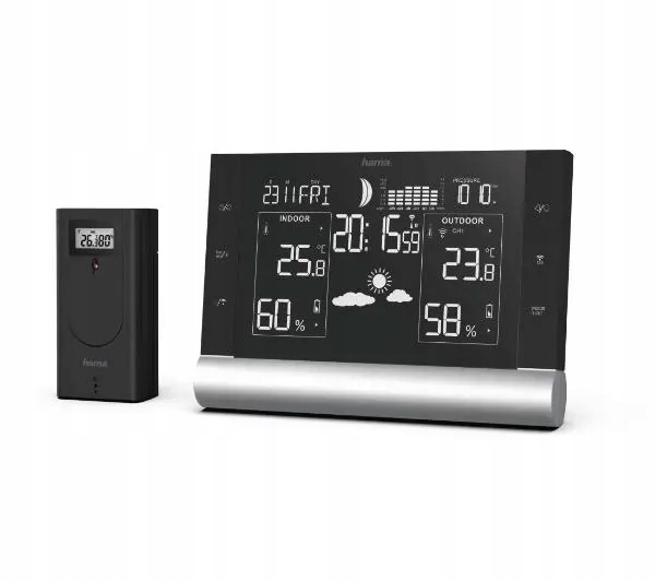 Stacja pogody Hama Black line plus 186418 Higrometr Barometr Zegar Data-Zdjęcie-0