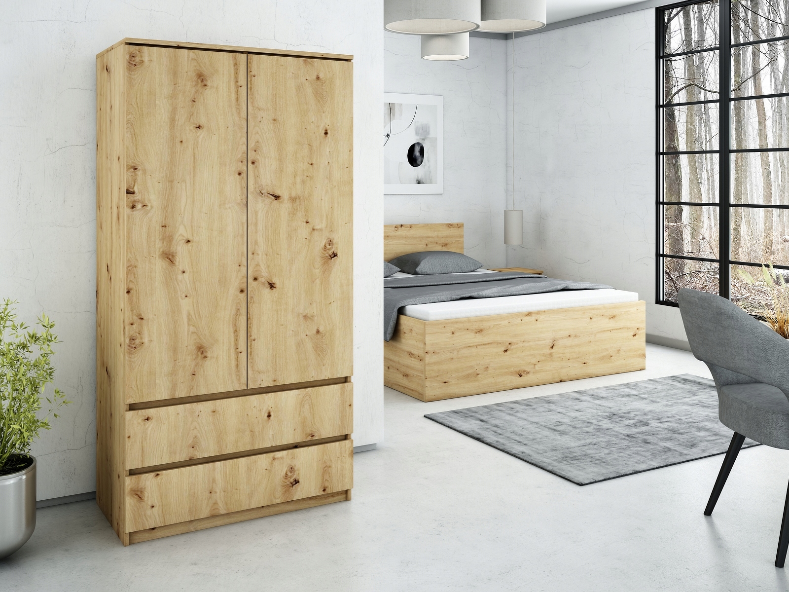 SZAFA DWUDRZWIOWA Z SZUFLADAMI 90 CM DO GARDEROBY, SYPIALNI BIAŁA Szerokość mebla 90 cm