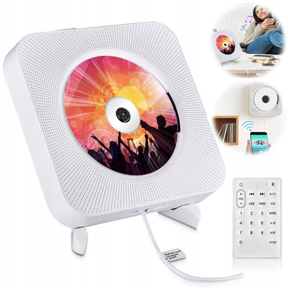 Přenosný Přehrávač Rádio Aux Usb Fm MP3 CD Hifi Bluetooth Reproduktor Bílý