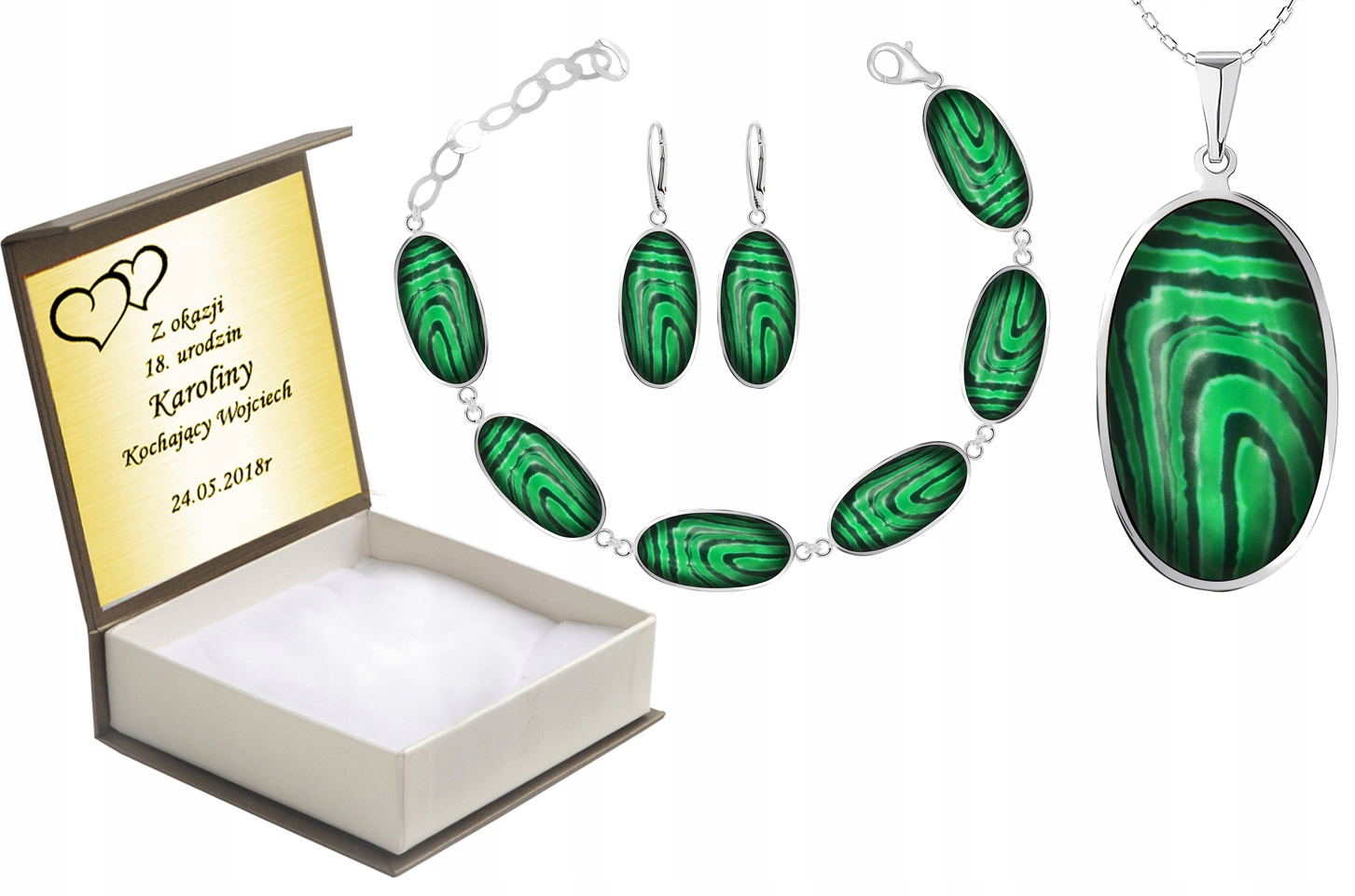 

Komplet Biżuterii Srebrnej Z Malachitami + Grawer