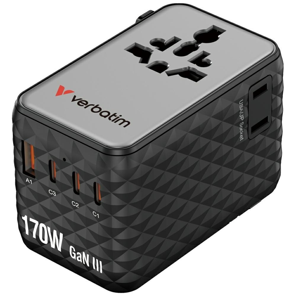 Verbatim Cestovní adaptér Eu/uk/us GaN 1xUSB-A/3xUSB-C Pd 170W černý 30190