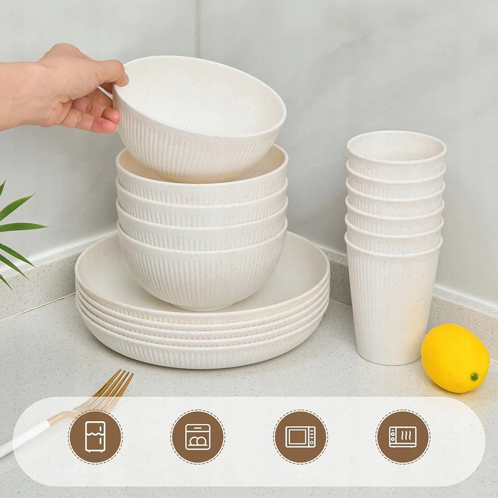 Sada 18-EL Stolního Nádobí Pro 6 Osob Talíře Misky Šálky Z Pšeničné Slámy