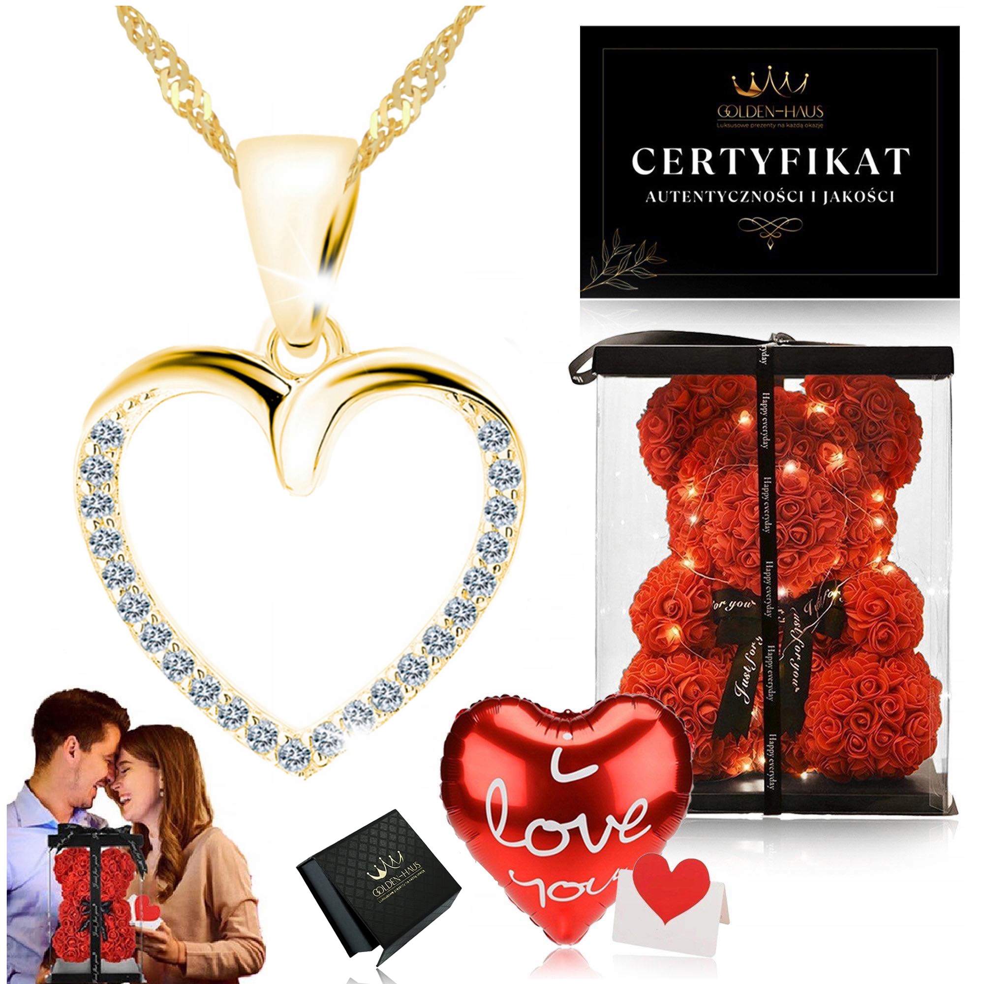 Zlatý Řetízek Přívěsek Srdce Se Zirkony 925/585 Medvídek Z Růží Pro Ni