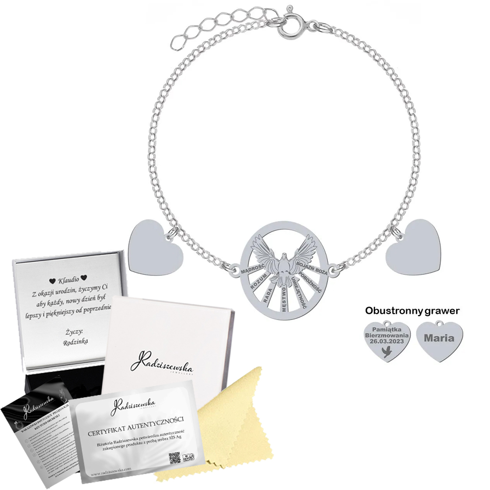 Stříbrný náramek na biřmování Duch svaté srdce Dárek Gravírování Bonus