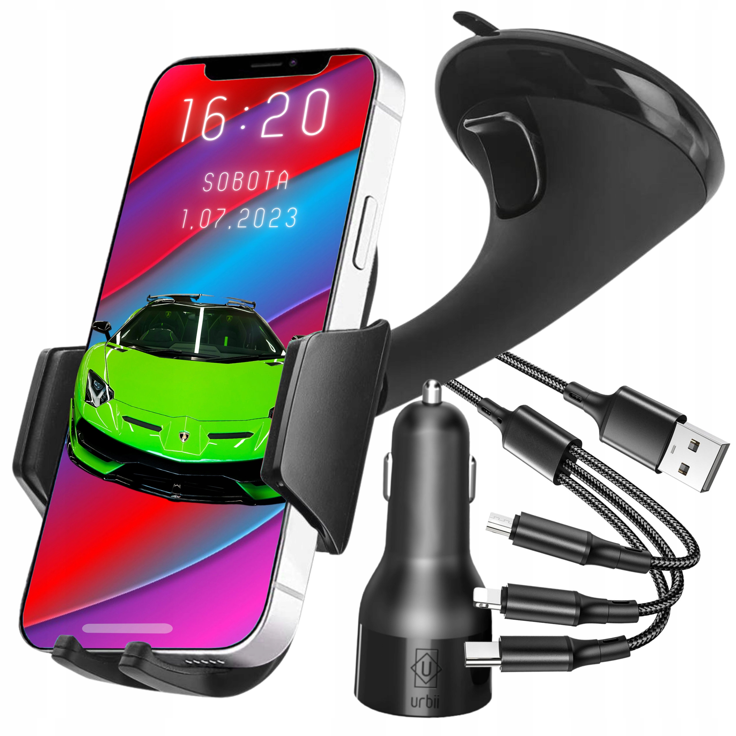 

Uchwyt samochodowy z ładowarką 2 Usb kabel 3w1