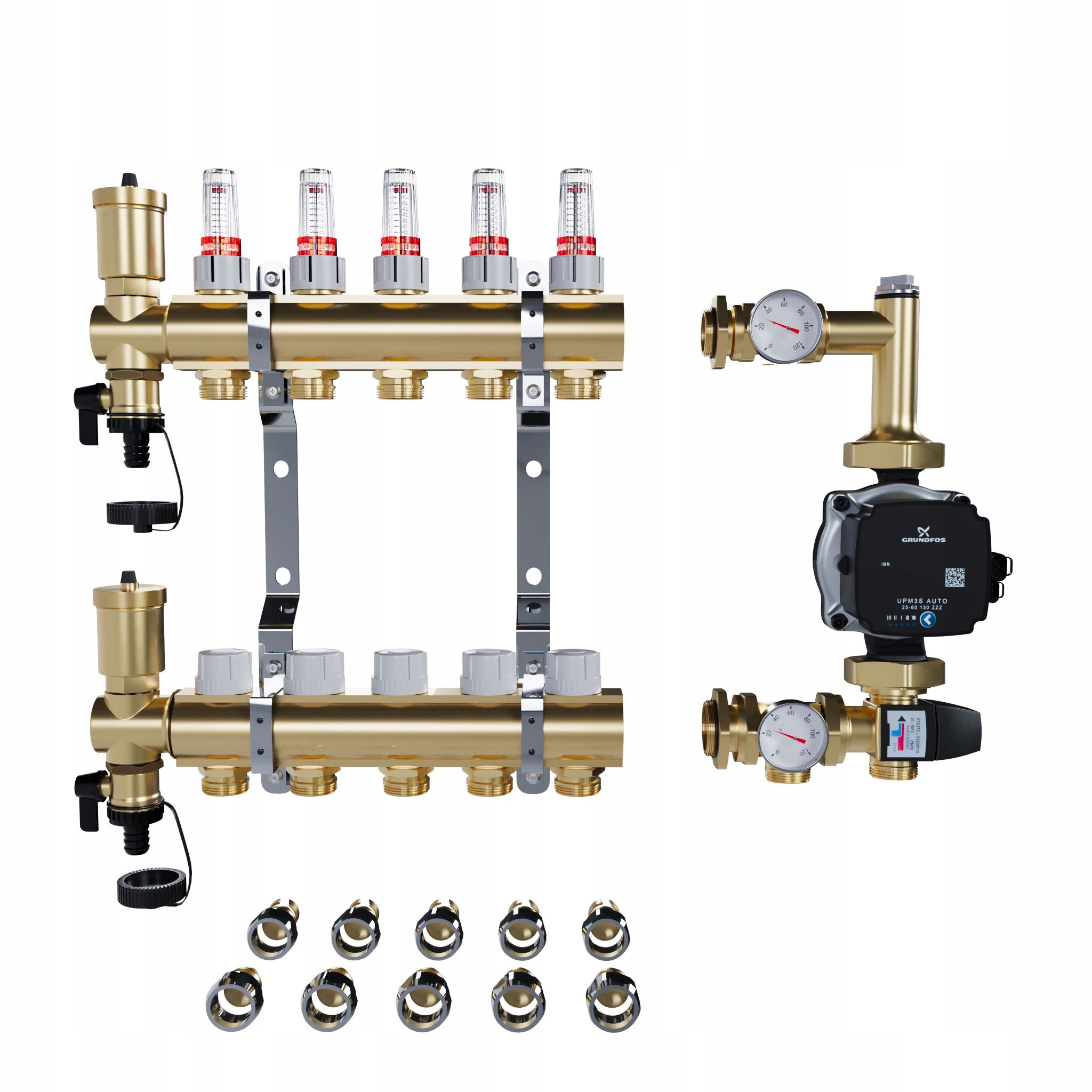 Rozdělovač pro podlahové topení 5 sekcí Pex Spojky Čerpadlo Grundfos