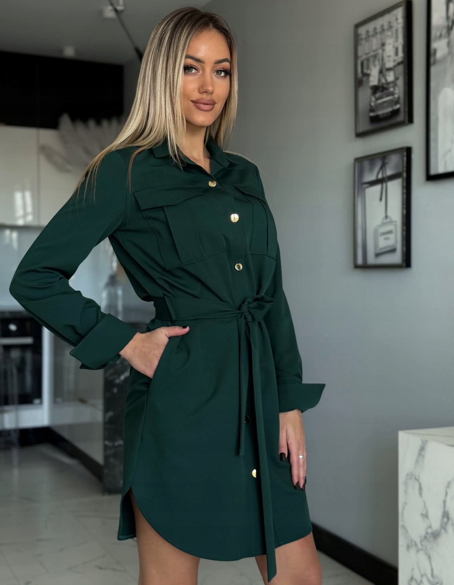 Šaty Košilová Šmizjerka Marina Elegantní s páskem Lahvově zelená XL