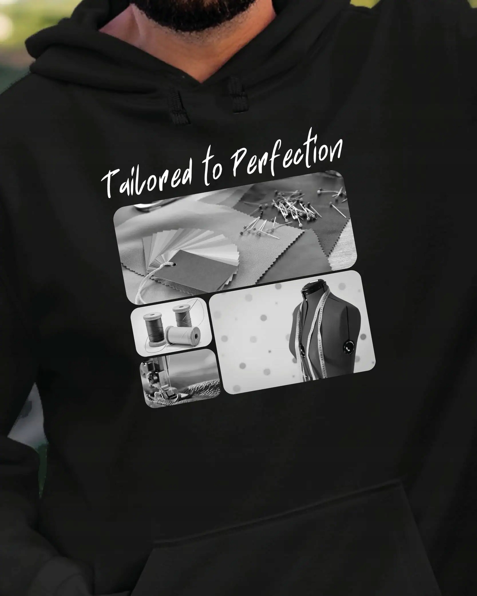 Mikina s kapucí Dárek pro krejčího Umělecká koláž Černá M