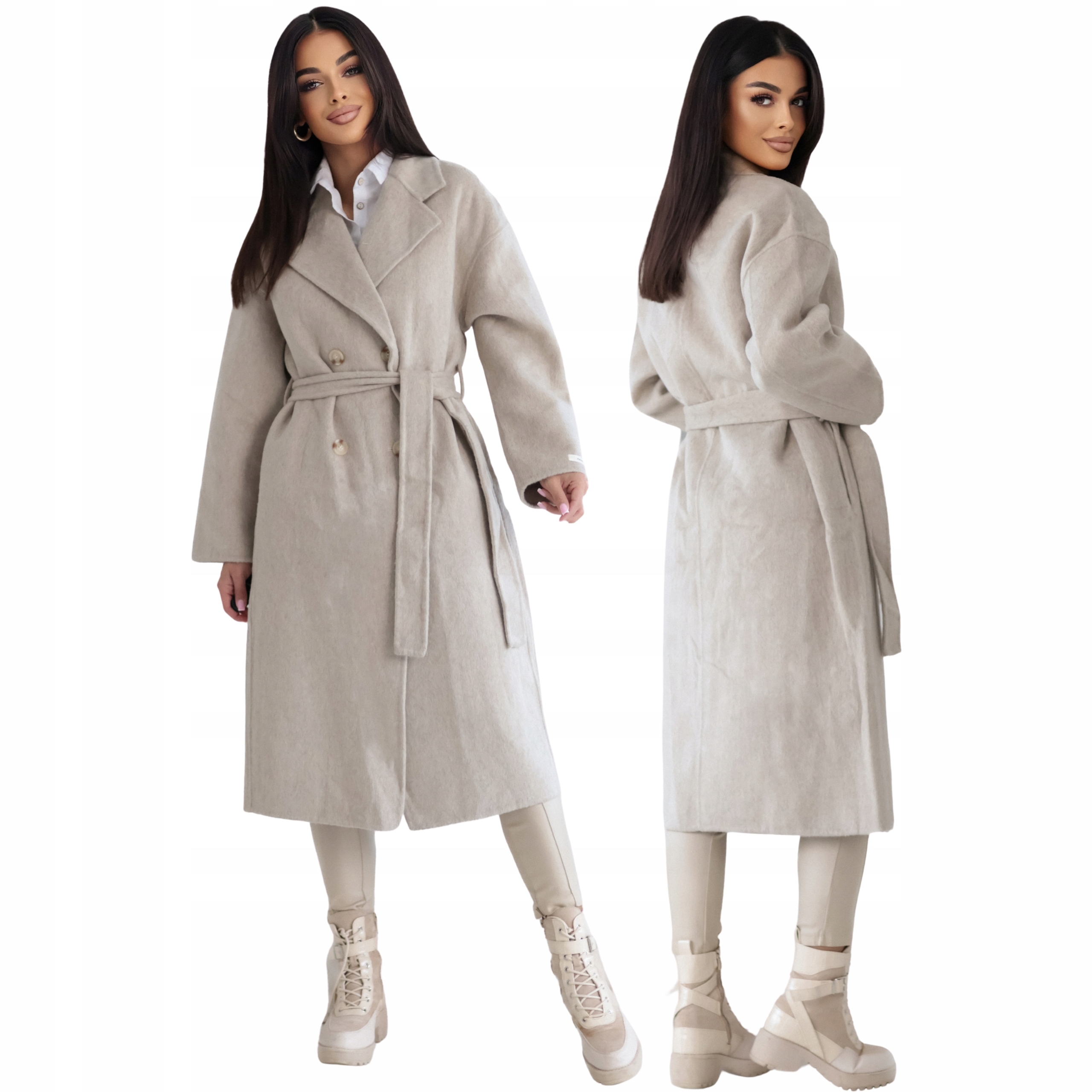 Płaszcz damski Wełniany klasyczny wiązany flauszowy Premium beżowy M L