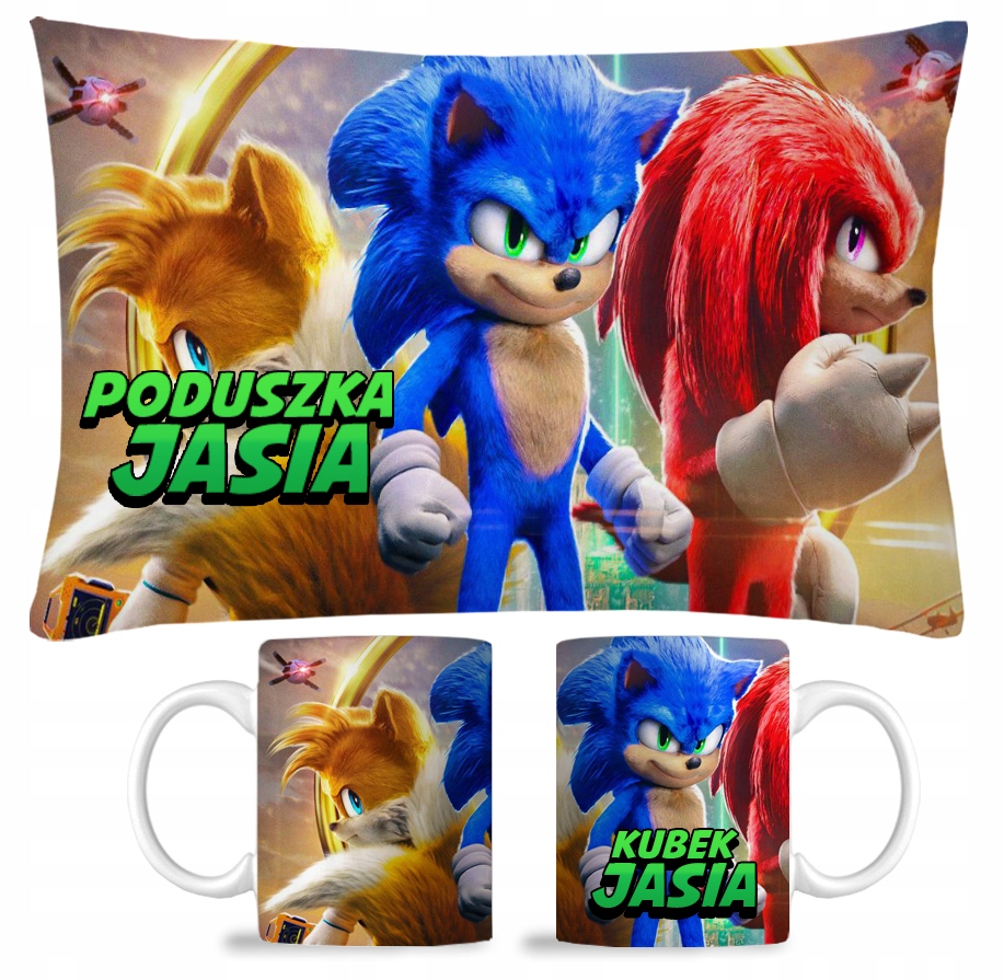 ZESTAW KUBEK + PODUSZKA SONIC + IMIĘ PREZENT