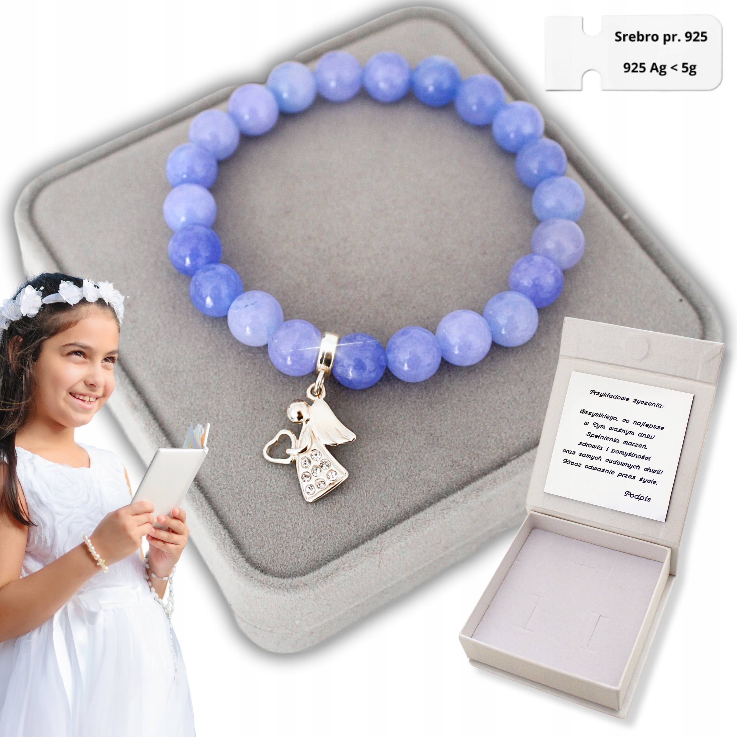 Stříbrný náramek s andělem pro holčičku Dárek ke svatému přijímání 925