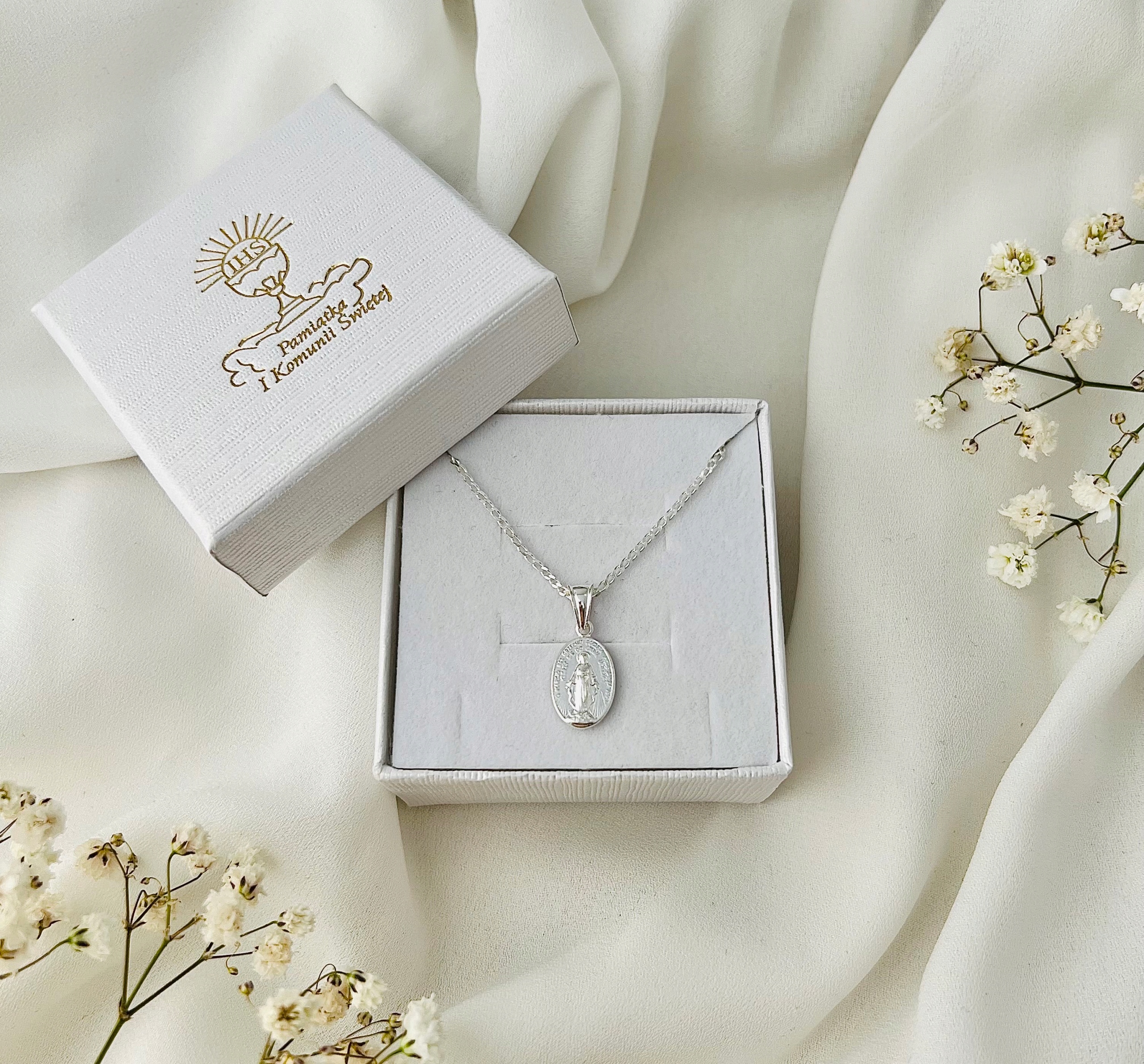 SREBRNY ŁAŃCUSZEK I CUDOWNY MEDALIK MATKA BOSKA CUDOWNA NA KOMUNIĘ 40cm Marka Abrasar