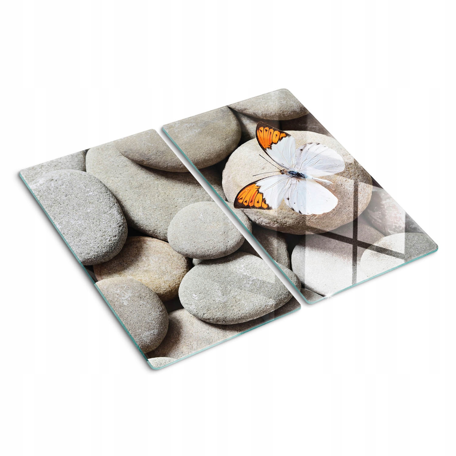 Kuchyňská skleněná prkénka na servírování s grafikou Motýl a kameny 2x30x52 cm