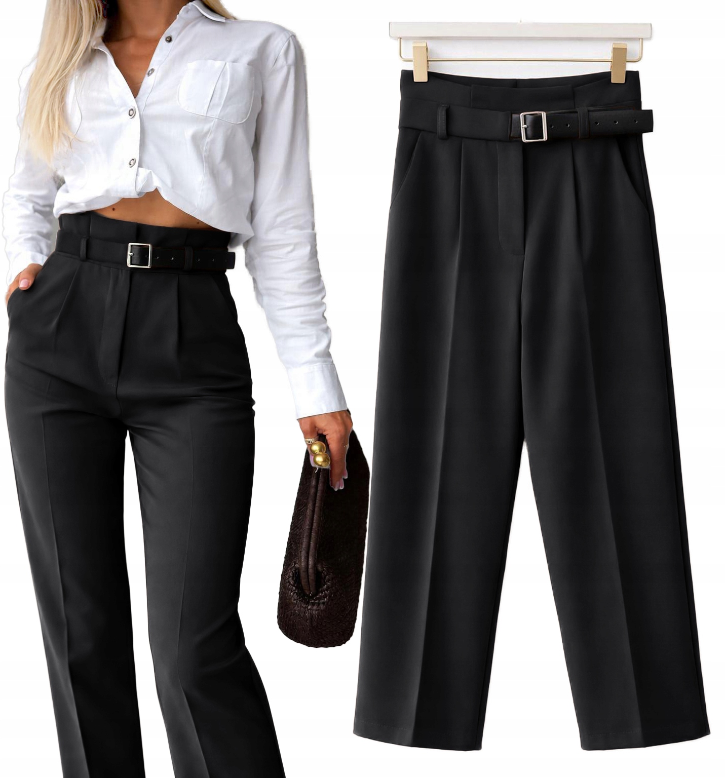 Spodnie damskie Cygaretki wysoki stan kant pasek L Julita