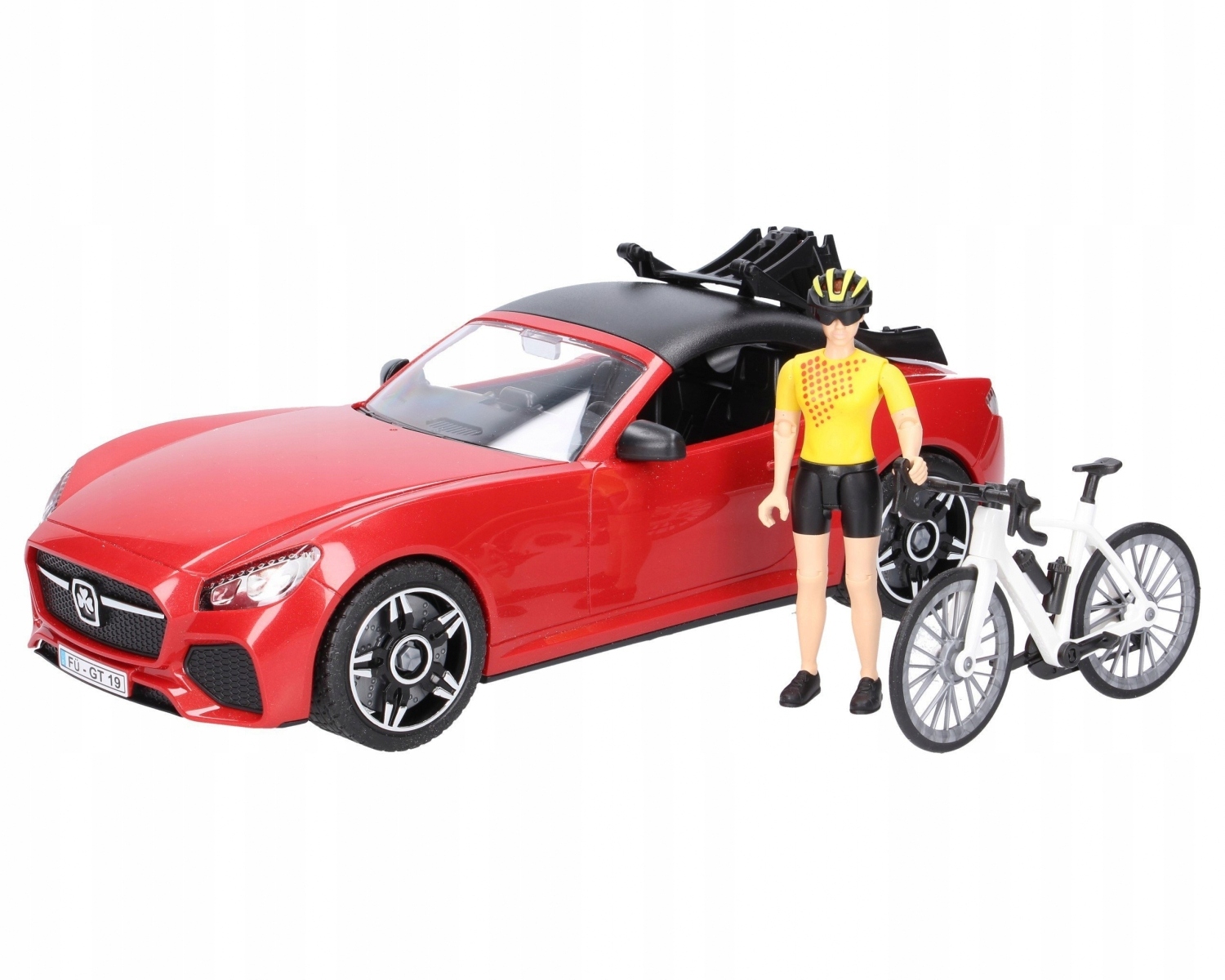 Auto Roadster czerwone z figurką kolarki i rowerem Bruder 03485