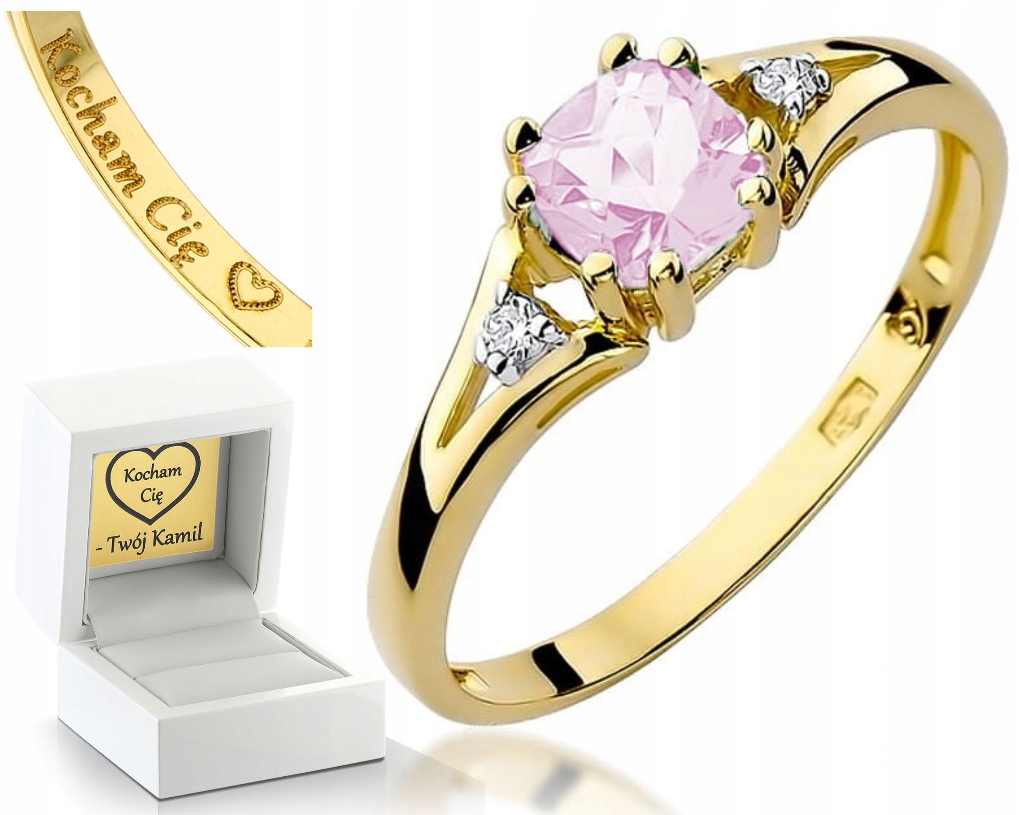 

Złoty Pierścionek Różowy Topaz Diamenty 585 Grawer