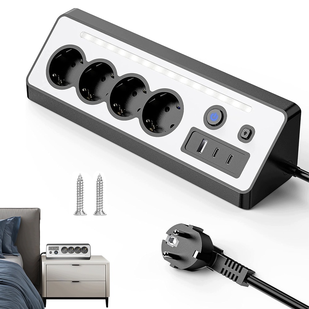 Zásuvková Lišta 4 Zásuvky 45° 2 Type-c Usb-a Led Pro Obývací Pokoj Kanceláře Ložnice