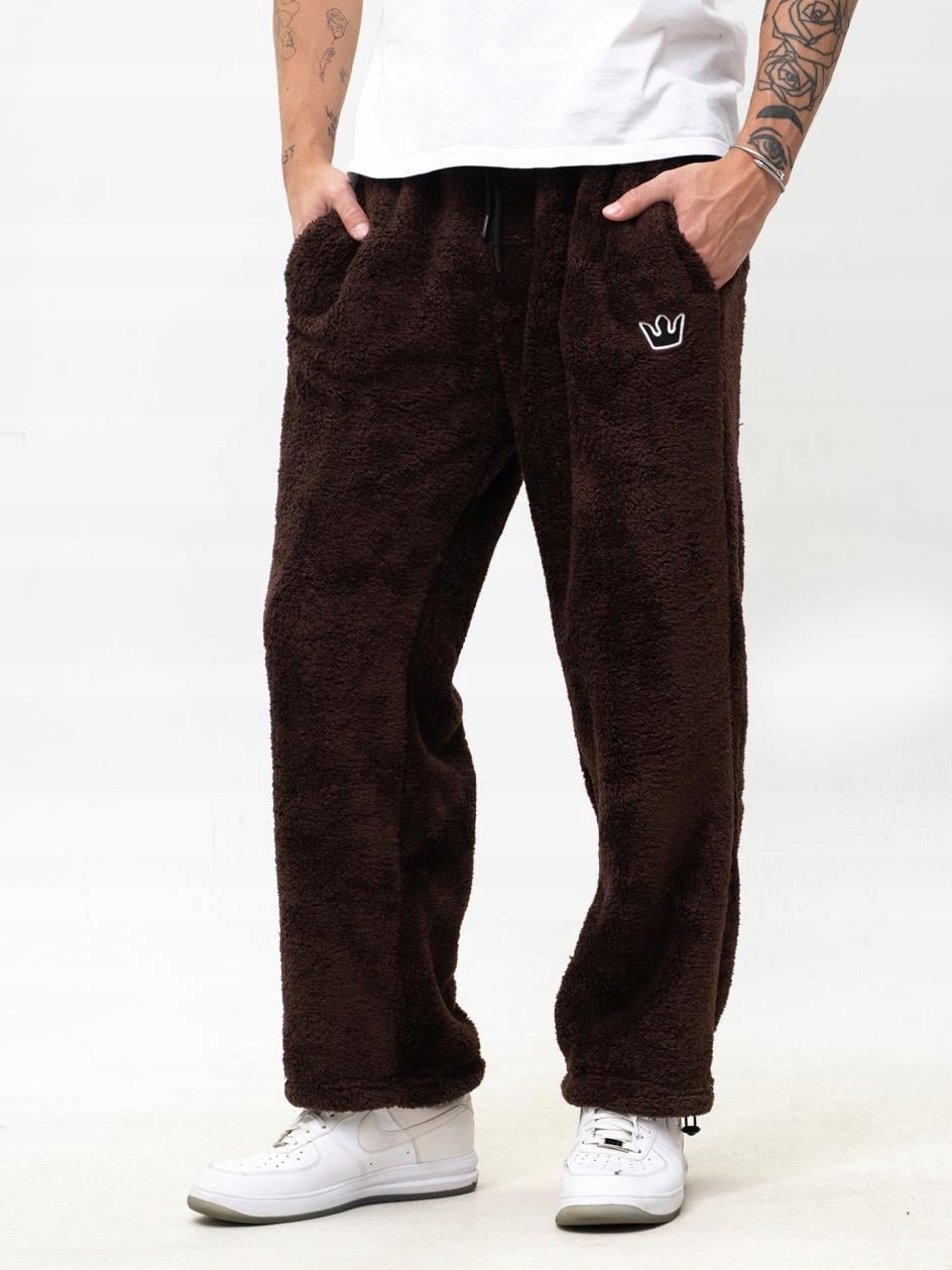 Pánské Tepláky Sherpa Baggy Hnědé Jigga Teddy Malá Koruna XXL