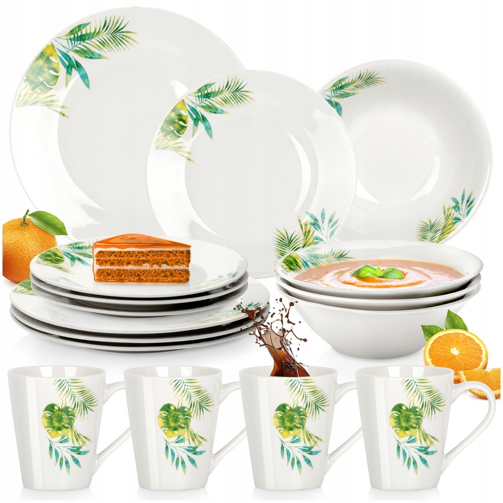 Jídelní Servis Porcelánový Pro 4 Osoby Vzor Rostliny Listy 16 El.